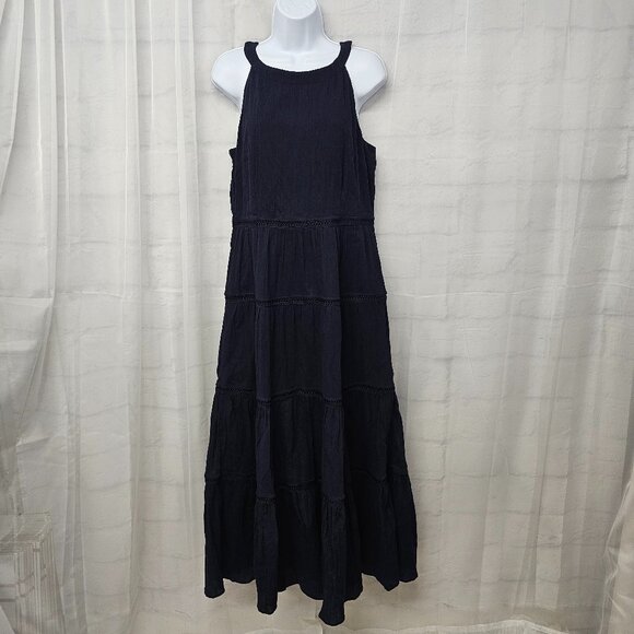 Talbots Navy Blue Maxi Dress Sleeveless Tiered Cottage Boho Crochet 8 - Picture 1 of 12